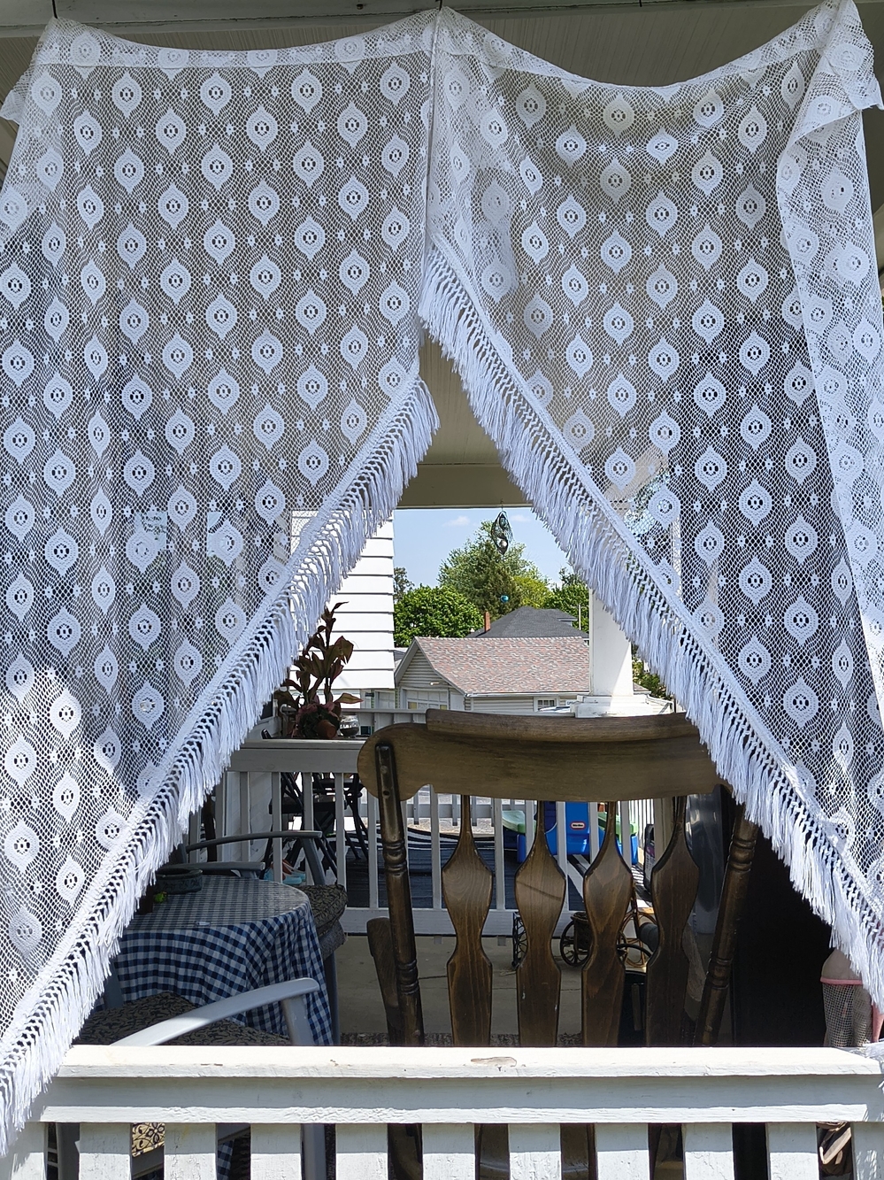Vintage white fringed crochet lace swag valance curtains 2 panels